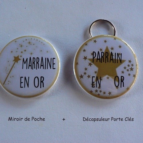 Duo cadeau parrain marraine en or décapsuleur porte clés miroir de poche.