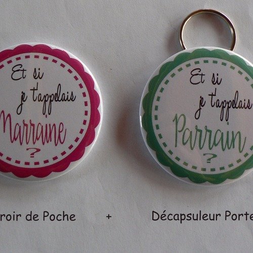 Duo cadeau demande parrain marraine décapsuleur porte clés miroir de poche.