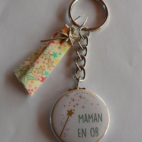 Badge porte clés 38mm  maman en or et liberty aldelajda cadeau maman. 