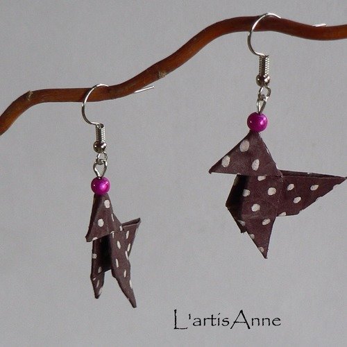 Boucles d'oreilles origami cocottes pois.