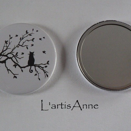 Miroir de poche 56mm chat noir et blanc