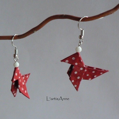 Boucles d'oreilles origami cocottes rouge bordeau pois blanc