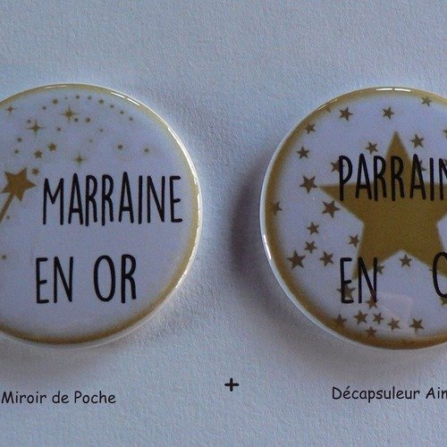 Duo cadeau parrain marraine en or décapsuleur aimanté miroir de poche.