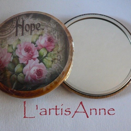 Miroir de poche 56mm rose ancienne.
