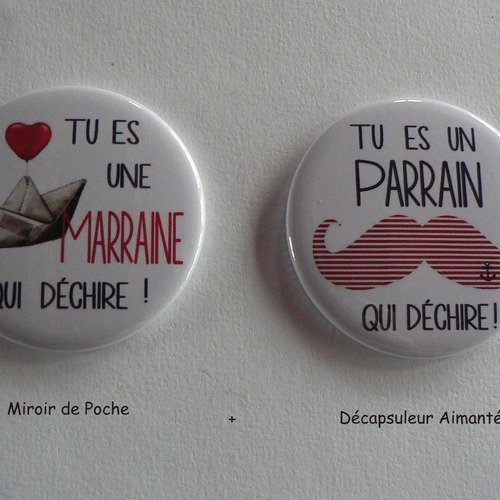 Duo cadeau parrain marraine décapsuleur aimanté miroir de poche.