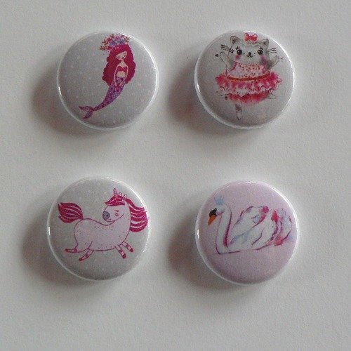 Badge 25mm licorne siréne cygne chat.