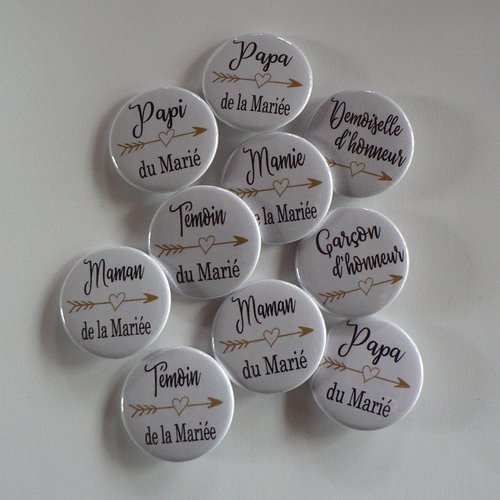 Badge mariage invités témoins famille des mariés or.