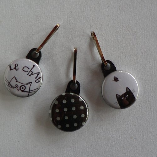 Tirette zip strap badge fermeture éclair lot de 3 chat.