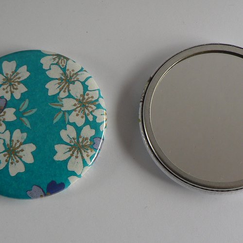 Miroir de poche 56mm papier japonais bleu et blanc.