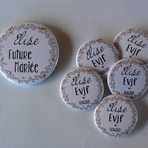 Badges evjf mariage personnalisable couronne champêtre.