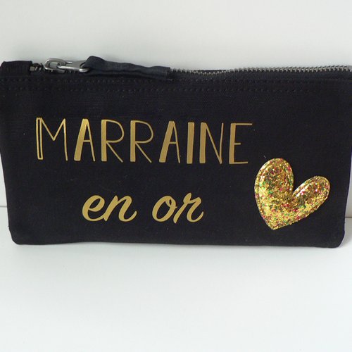 Cadeau marraine. trousse marraine en or. coeur paillettes