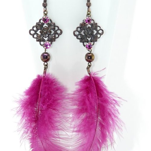 Boucles d'oreilles plumes fuschia