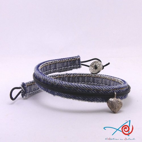 Bracelet en jean à lacet cuir breloque coeur argent double tour