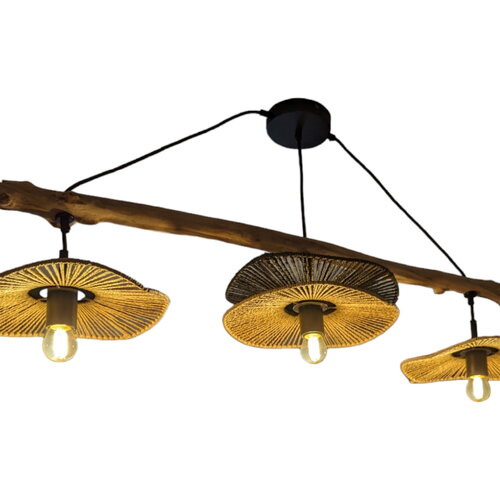 Lustre en bois flotté cosy 3 abats jour corde