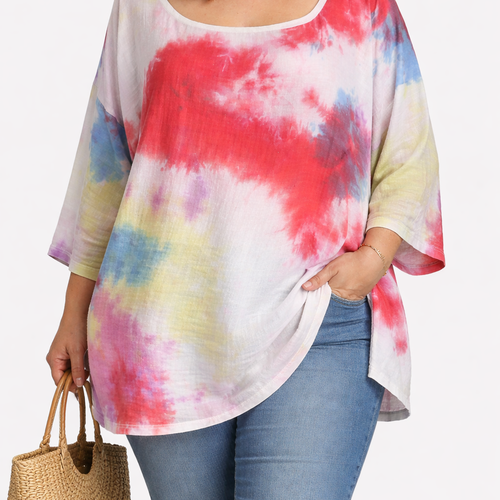 Blouse femme grande taille en double gaze de coton – tie and dye – coupe ample jusqu’au 52