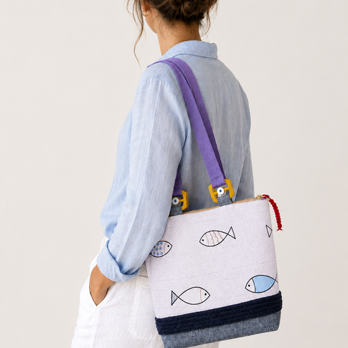 Sac à main bandoulière en coton motifs poissons – style marin – pièce unique