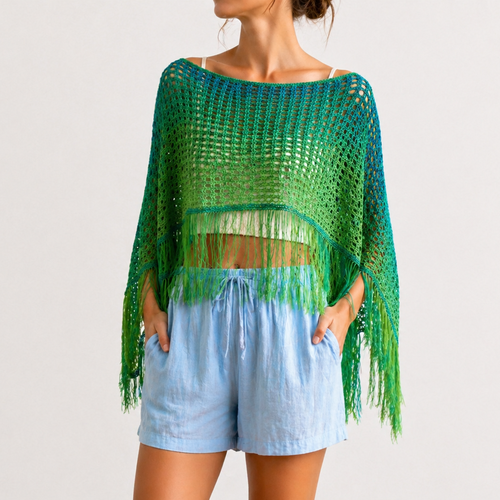 Poncho femme en coton bio – réversible vert bleu – crochet fait main – pièce unique