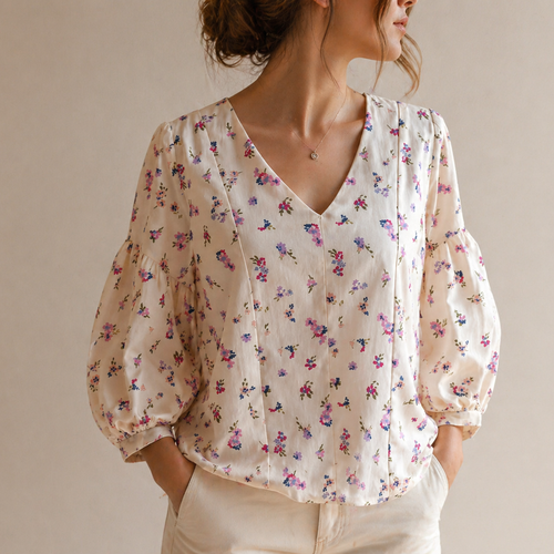 Blouse femme en coton popeline fleurie – manches ballon – taille 40/42 – pièce unique