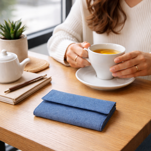 Portefeuille en tissu denim recyclé et liberty – compact et sécurisé – pièce unique