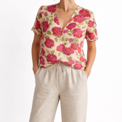 Blouse fluide en viscose fleurie – col v et manches pétales – taille 40/42