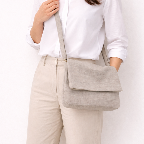 Sac bandoulière en lin écru et moutarde – sac plié artisanal élégant