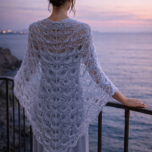 Châle crocheté main bleu clair – châle vaporeux alpaga et acrylique
