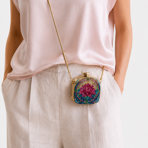 Sac bijou miroir lotus perlé multicolore doré – mini minaudière pendentif – pièce unique
