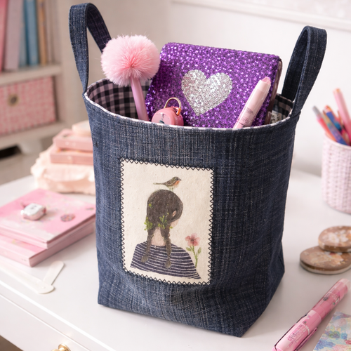 Panier de rangement denim bleu brodé – corbeille textile vichy noir et blanc – décoration maison artisanale