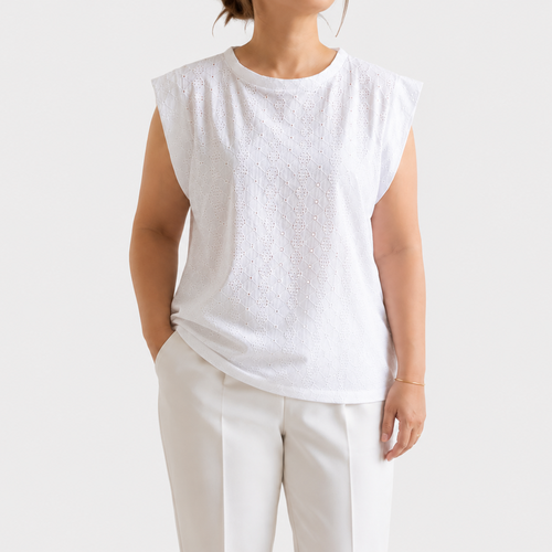 Top blanc broderie anglaise femme 42 44 coton oeko-tex pièce unique