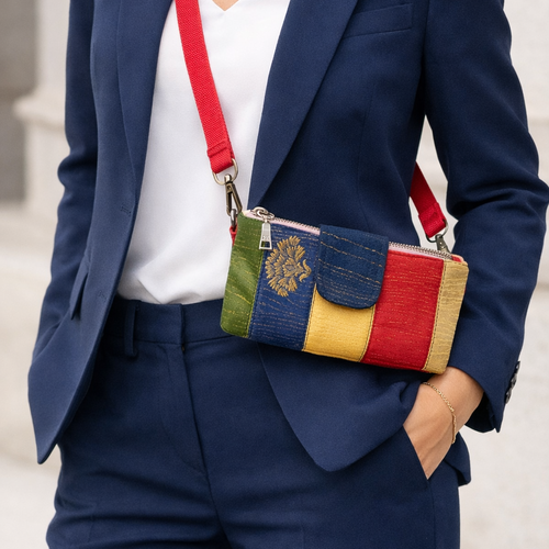Sac pochette patchwork multicolore en tissu recyclé – bandoulière réglable – pièce unique