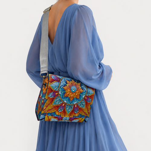 Sac rigide en bois composite et mandala en perles – bandoulière réglable – pièce unique