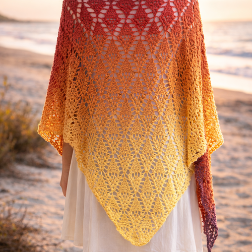 Châle crocheté main en alpaga – dégradé rouge, orange et jaune – pièce unique