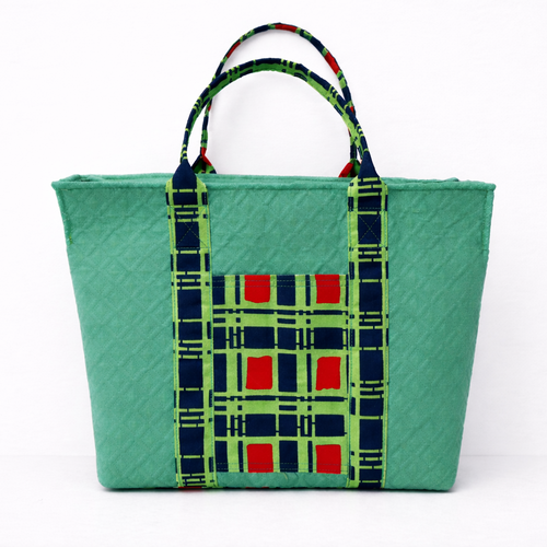 Sac à main femme en coton recyclé – tissu gaufré vert et wax – pièce unique