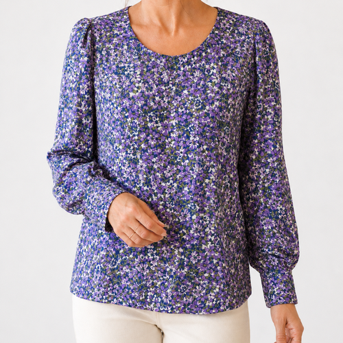 Blouse femme fleurie violette – blouse manches longues – taille 40/42 – viscose – pièce unique