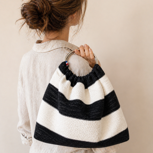 Sac à main femme rayé noir et blanc en jersey de coton – sac fourre-tout souple à anneaux – fait main – pièce unique