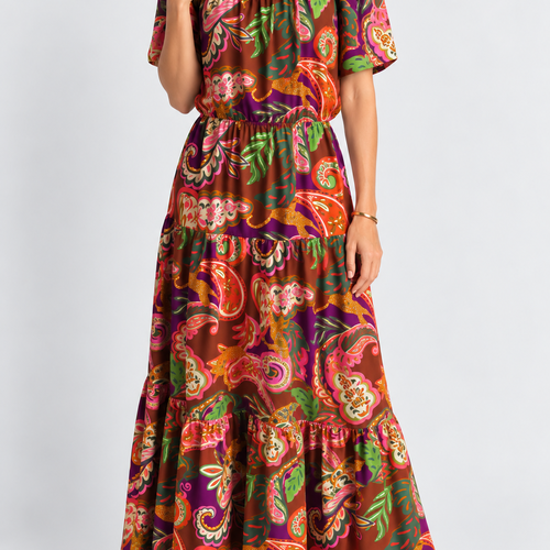 Robe longue femme en viscose imprimée cahemire – robe à volants – taille 42 – manches courtes – pièce unique