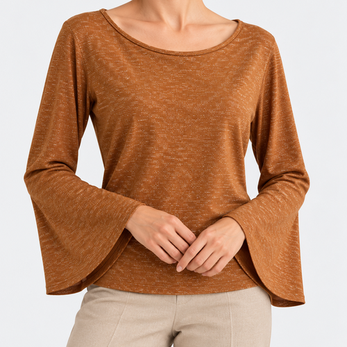 Top femme marron caramel en maille – manches longues et col bateau – taille 40 – pièce unique
