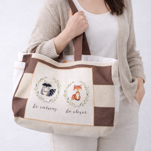 Grand sac cabas femme en toile – appliqué en lin, broderie au point de croix – pièce unique