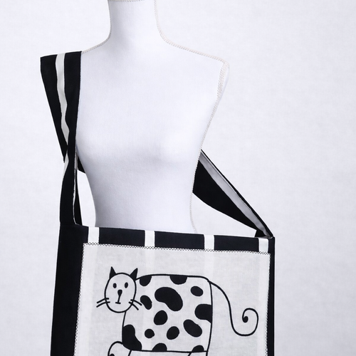 Grand sac besace femme en coton recyclé – bandoulière large, motif chat – pièce unique