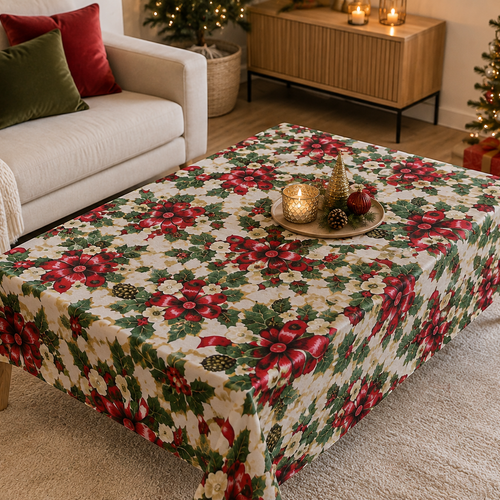 Nappe de noël rectangulaire en coton – 230 × 134 cm – décor houx, fleurs et nœuds rouges