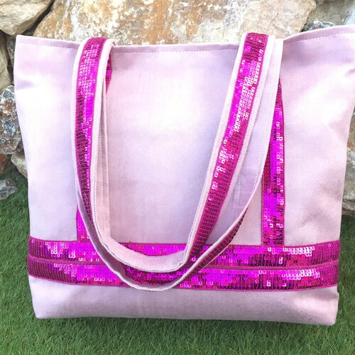 Sac cabas peau de pêche rose à paillettes fuschia