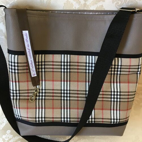 Sac bandoulière simili cuir fantaisie beige tissu écossais