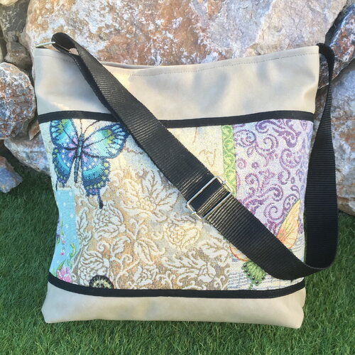 Sac bandoulière beige thème papillons