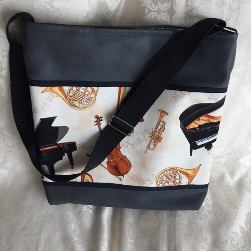 Sac fantaisie simili cuir bleu « instruments  de musique »