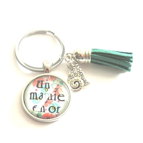 Porte clés en acier inoxydable cabochon une mamie en or turquoise