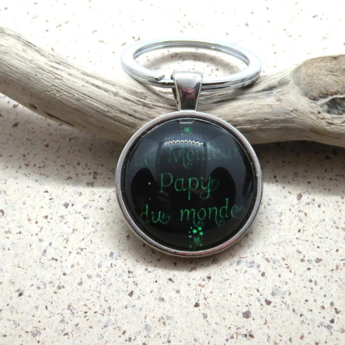 Porte clés acier inoxydable cabochon le meilleur papy du monde turquoise, noir