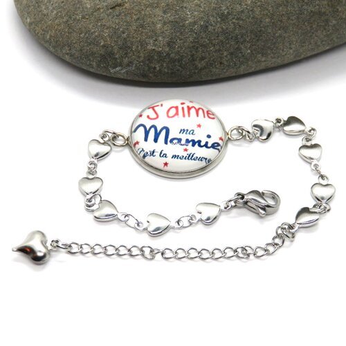 Bracelet cabochon " j'aime ma mamie c'est la meilleure" réglable acier inoxydable