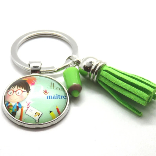 Porte clés en acier inoxydable cabochon en verre merci maître