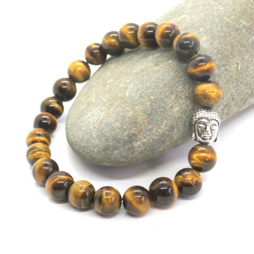 Bracelet homme / femme perles œil de tigre bouddha argenté vieilli