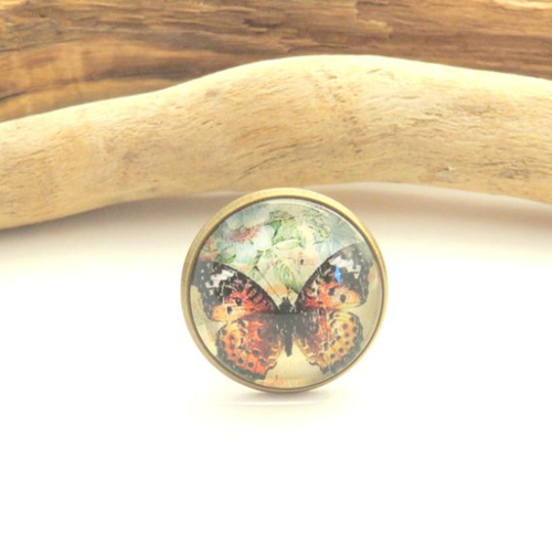 Bague réglable papillon marron support métal bronze